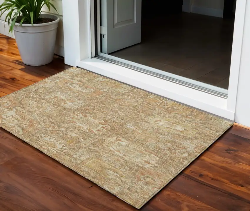 Khaki And Brown Damask Washable Indoor Outdoor Area Rug Photo 1