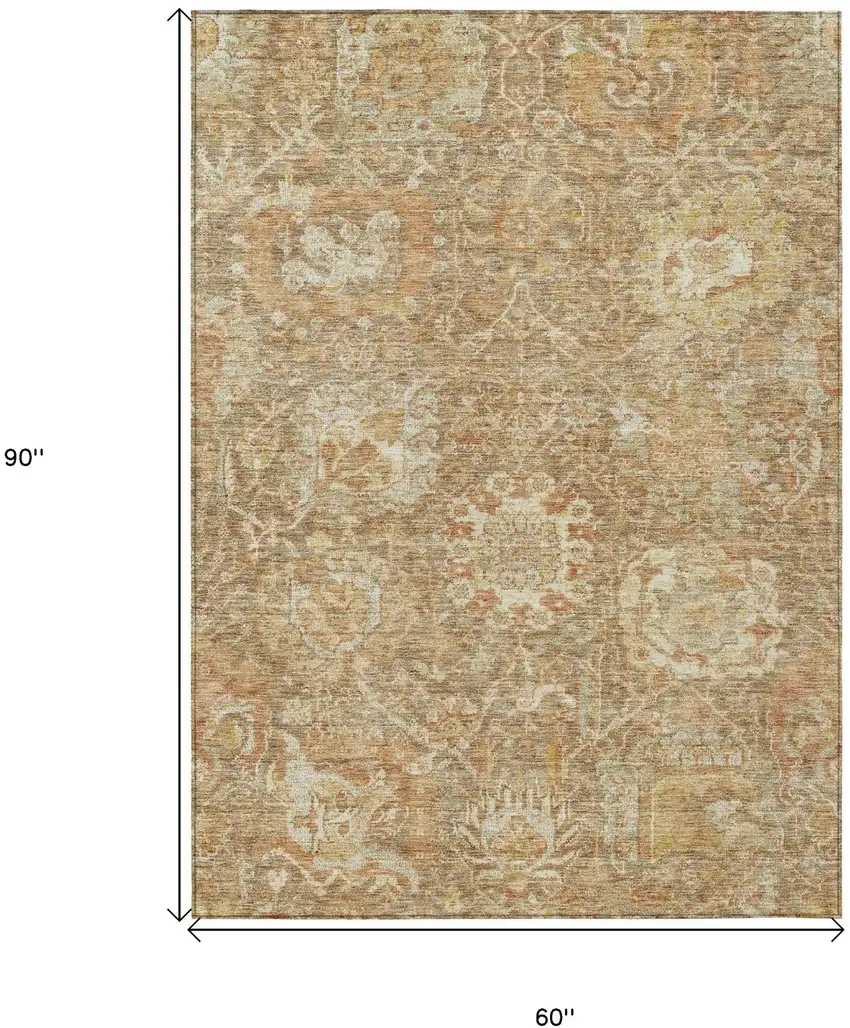 Khaki And Brown Damask Washable Indoor Outdoor Area Rug Photo 7