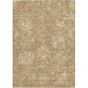 Photo of Khaki And Brown Damask Washable Indoor Outdoor Area Rug
