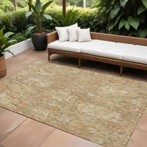 Photo of Khaki And Brown Damask Washable Indoor Outdoor Area Rug