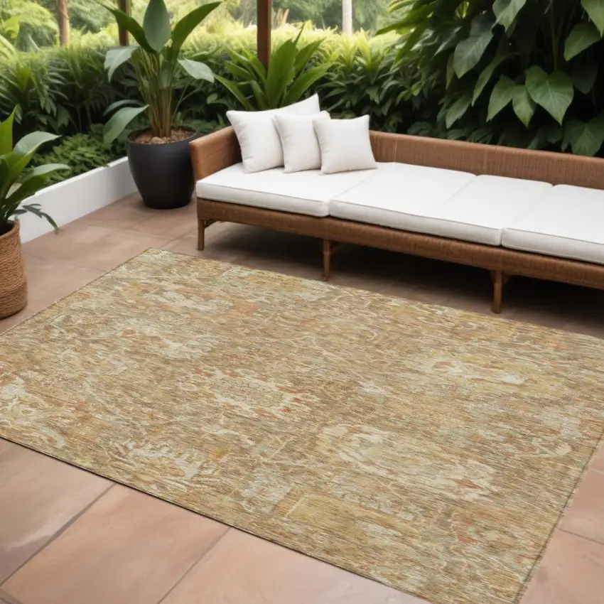 Khaki And Brown Damask Washable Indoor Outdoor Area Rug Photo 1