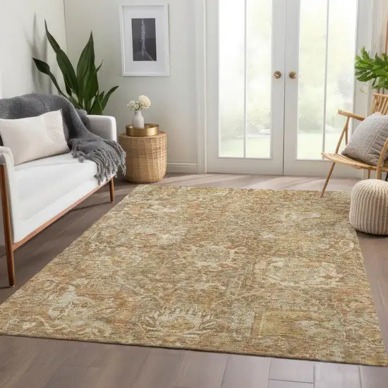 Khaki And Brown Damask Washable Indoor Outdoor Area Rug Photo 9