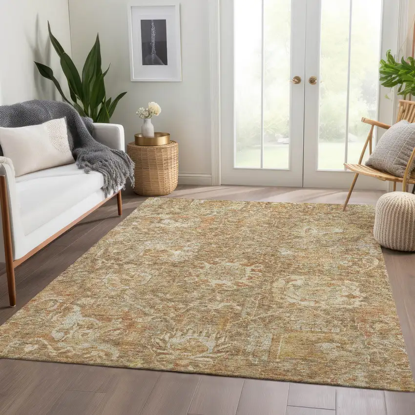 Khaki And Brown Damask Washable Indoor Outdoor Area Rug Photo 9