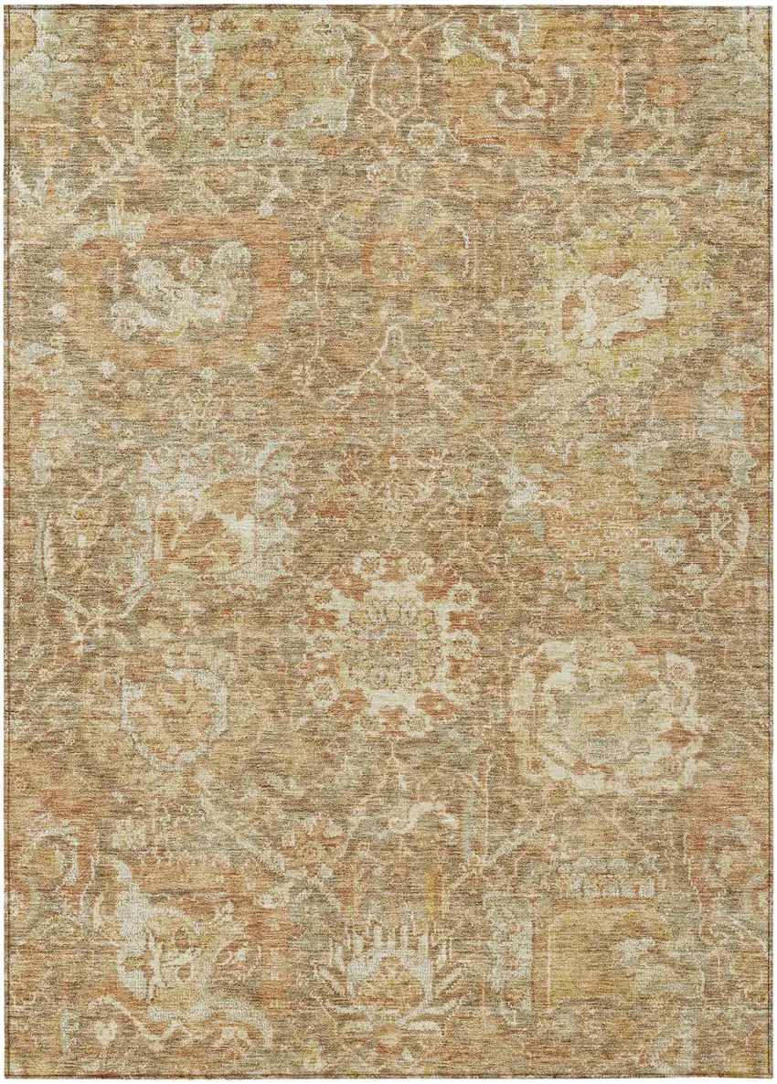 Khaki And Brown Damask Washable Indoor Outdoor Area Rug Photo 2