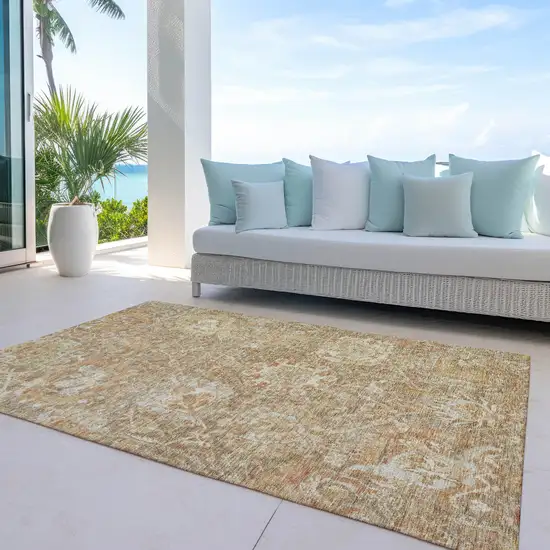 Khaki And Brown Damask Washable Indoor Outdoor Area Rug Photo 7