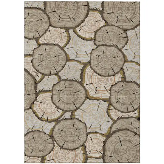 Khaki And Brown Faux Bois Washable Indoor Outdoor Area Rug Photo 2