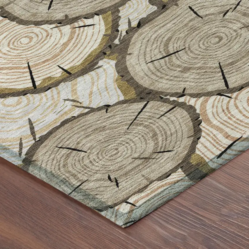 Khaki And Brown Faux Bois Washable Indoor Outdoor Area Rug Photo 3