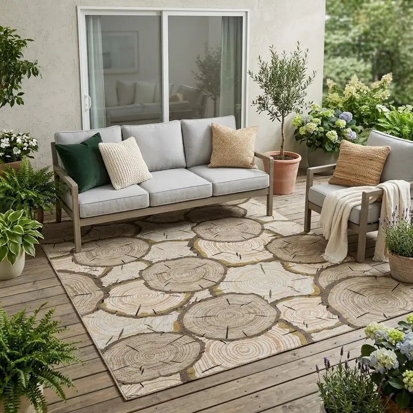 Khaki And Brown Faux Bois Washable Indoor Outdoor Area Rug Photo 1