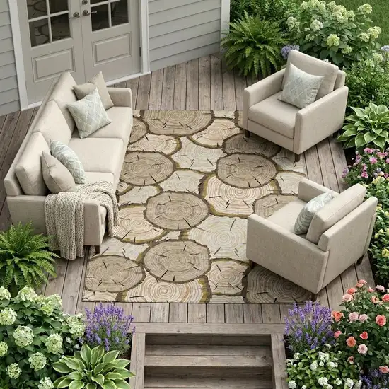 Khaki And Brown Faux Bois Washable Indoor Outdoor Area Rug Photo 1