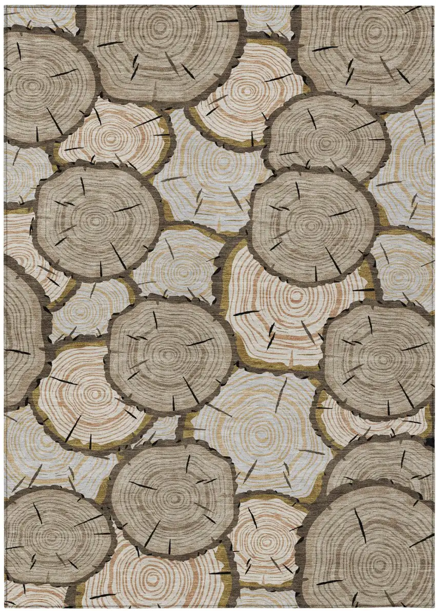 Khaki And Brown Faux Bois Washable Indoor Outdoor Area Rug Photo 2
