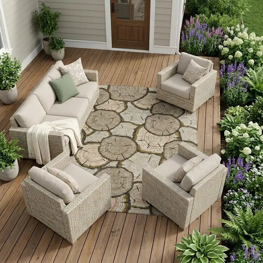 Khaki And Brown Faux Bois Washable Indoor Outdoor Area Rug Photo 1