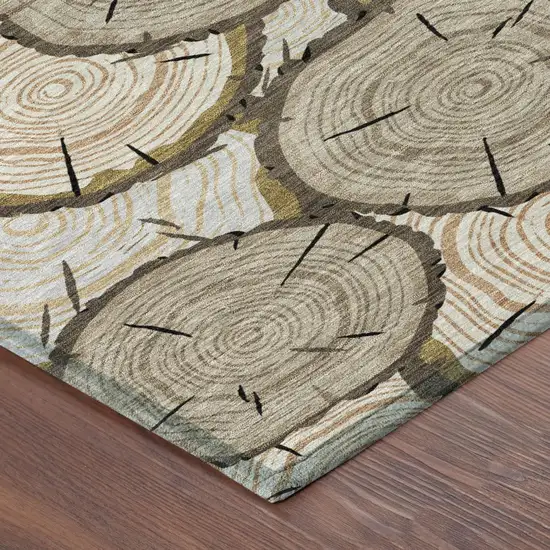 Khaki And Brown Faux Bois Washable Indoor Outdoor Area Rug Photo 3