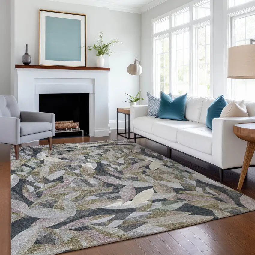 Khaki And Brown Floral Washable Indoor Outdoor Area Rug Photo 5