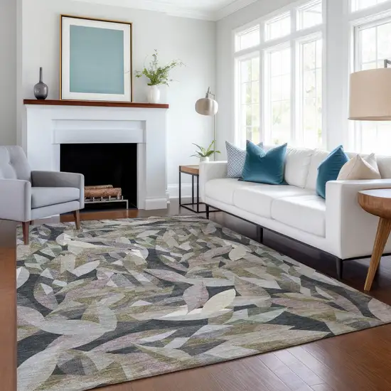 Khaki And Brown Floral Washable Indoor Outdoor Area Rug Photo 4