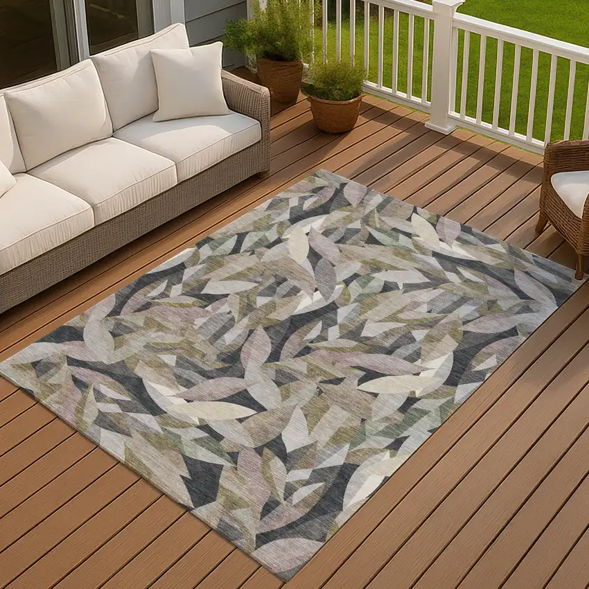 Khaki And Brown Floral Washable Indoor Outdoor Area Rug Photo 2