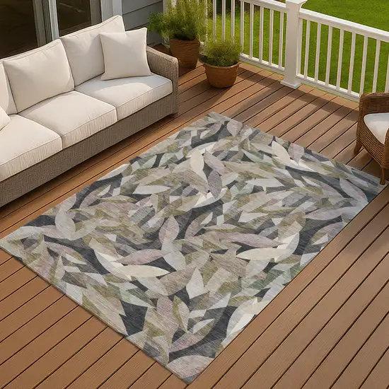 Khaki And Brown Floral Washable Indoor Outdoor Area Rug Photo 2