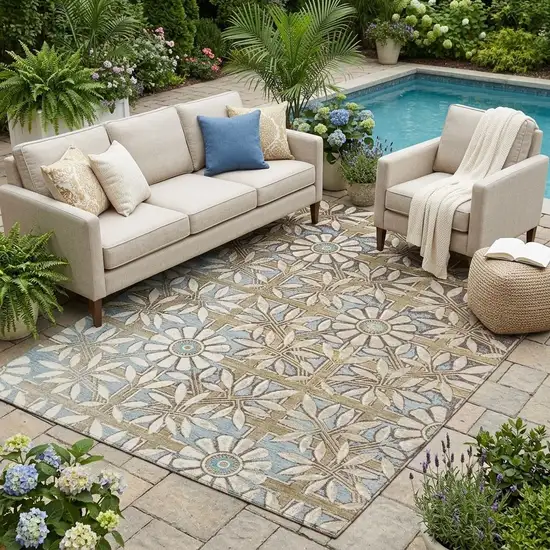 Khaki And Brown Floral Washable Indoor Outdoor Area Rug Photo 1