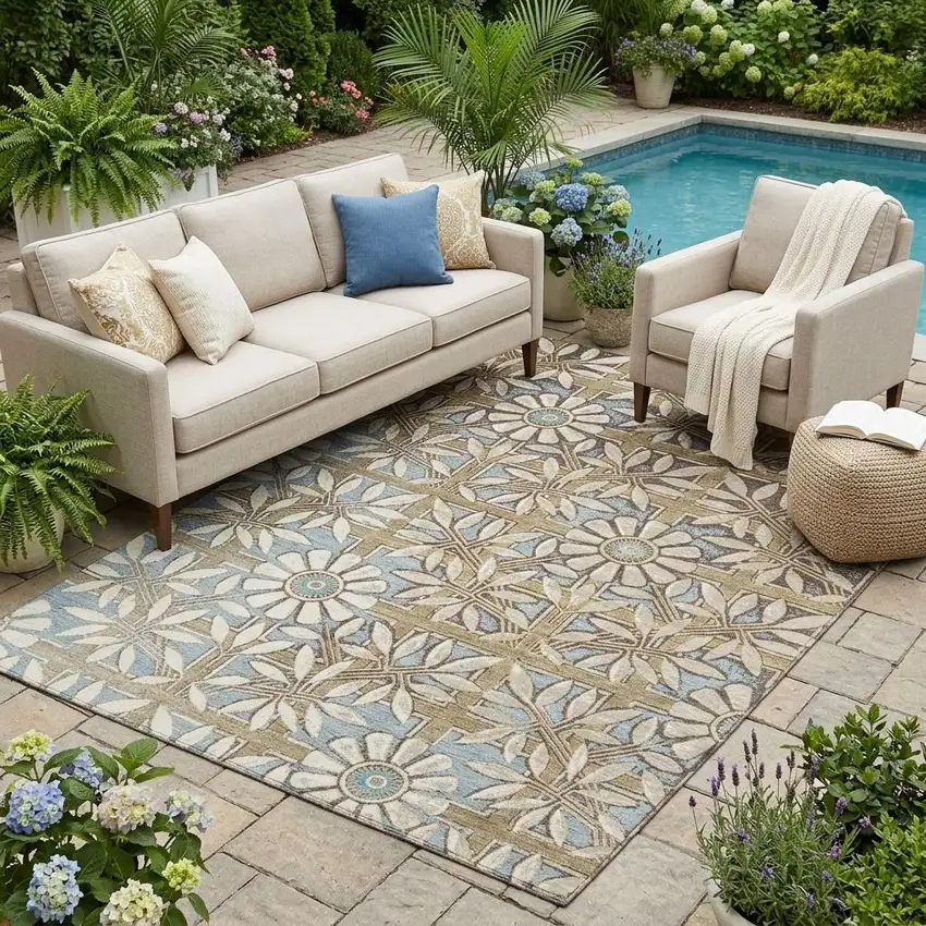 Khaki And Brown Floral Washable Indoor Outdoor Area Rug Photo 1