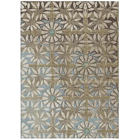 Khaki And Brown Floral Washable Indoor Outdoor Area Rug Photo 2