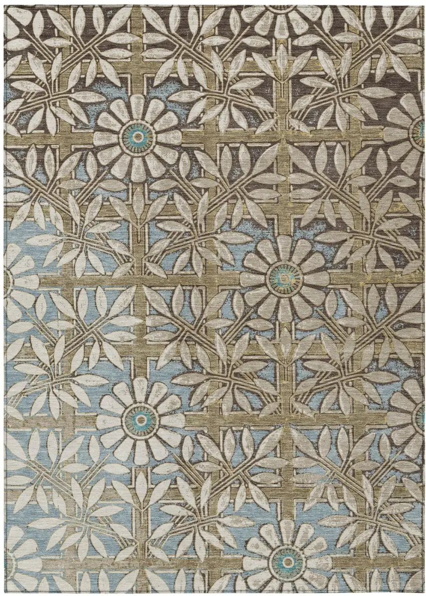Khaki And Brown Floral Washable Indoor Outdoor Area Rug Photo 2