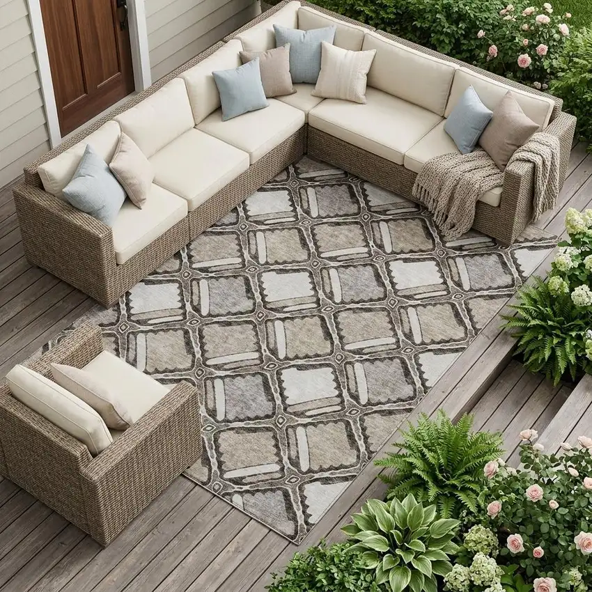 Khaki And Brown Geometric Washable Indoor Outdoor Area Rug Photo 1
