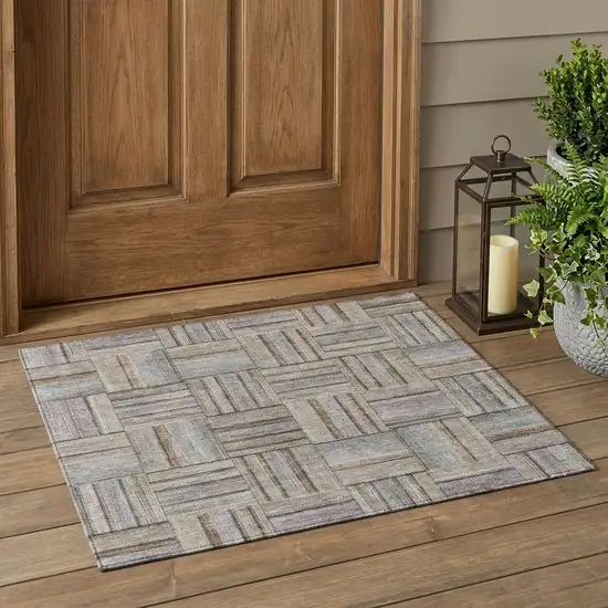 Khaki And Brown Geometric Washable Indoor Outdoor Area Rug Photo 1