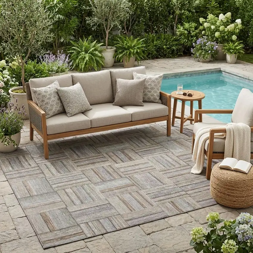 Khaki And Brown Geometric Washable Indoor Outdoor Area Rug Photo 1