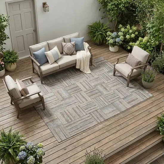 Khaki And Brown Geometric Washable Indoor Outdoor Area Rug Photo 1