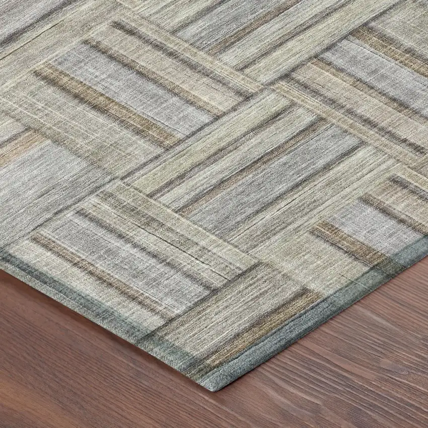 Khaki And Brown Geometric Washable Indoor Outdoor Area Rug Photo 3