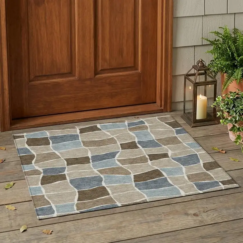 Khaki And Brown Geometric Washable Indoor Outdoor Area Rug Photo 1
