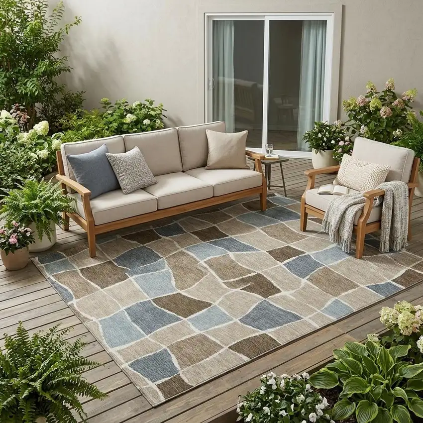 Khaki And Brown Geometric Washable Indoor Outdoor Area Rug Photo 1
