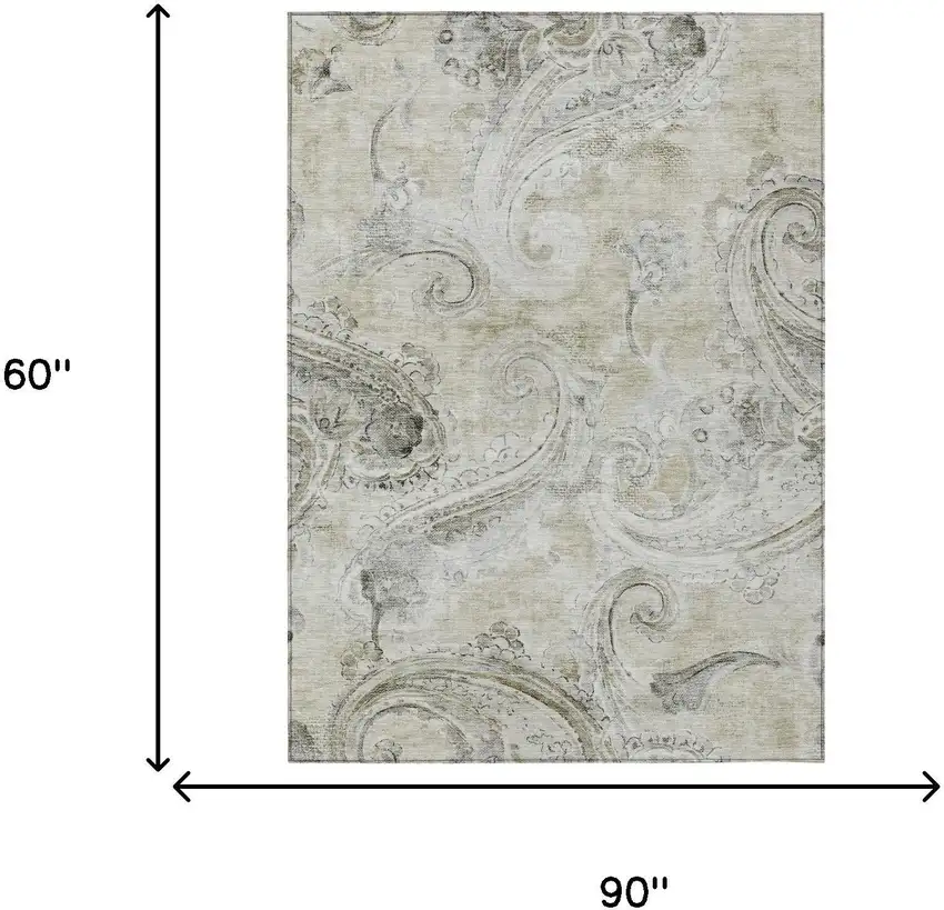 Khaki And Brown Paisley Washable Indoor Outdoor Area Rug Photo 7