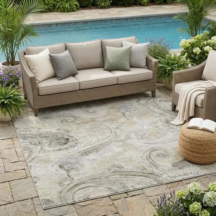 Khaki And Brown Paisley Washable Indoor Outdoor Area Rug Photo 1