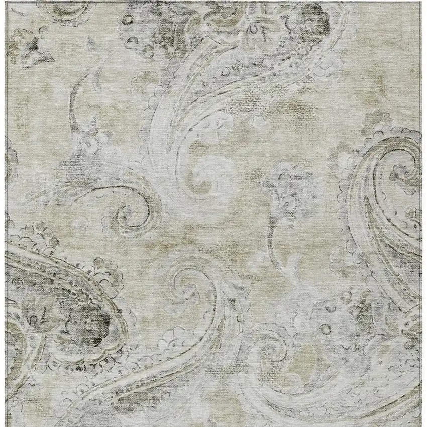 Khaki And Brown Paisley Washable Indoor Outdoor Area Rug Photo 3