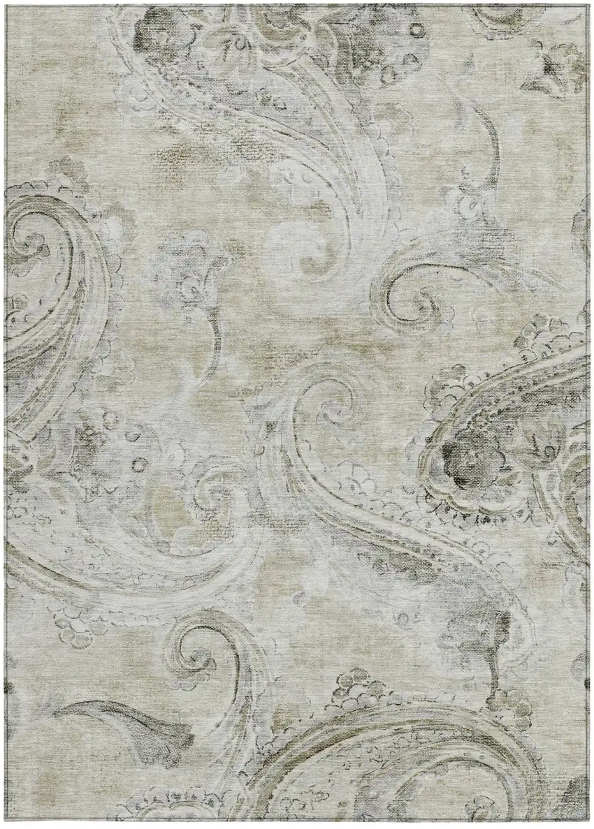 Khaki And Brown Paisley Washable Indoor Outdoor Area Rug Photo 4
