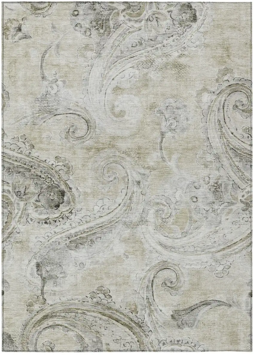Khaki And Brown Paisley Washable Indoor Outdoor Area Rug Photo 2