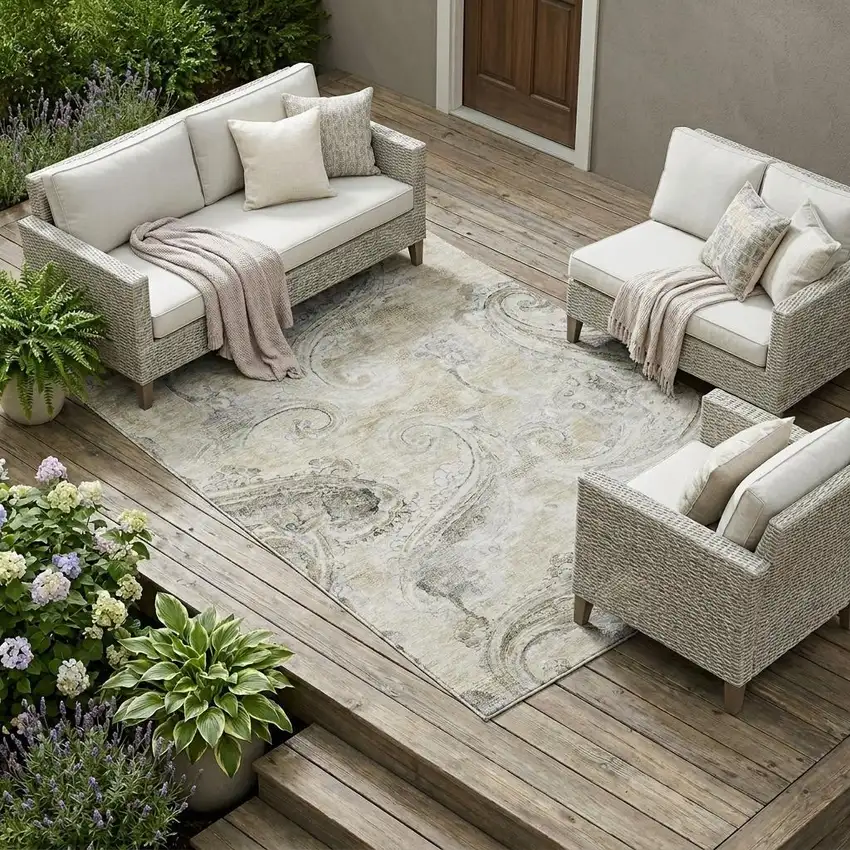 Khaki And Brown Paisley Washable Indoor Outdoor Area Rug Photo 1