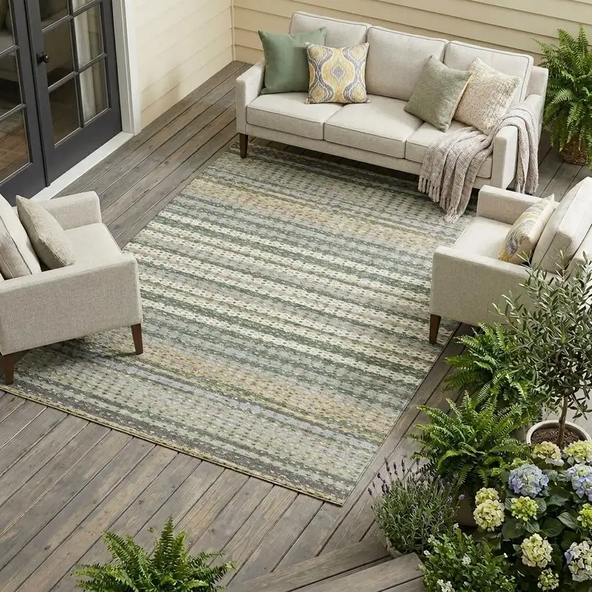 Khaki And Brown Striped Washable Indoor Outdoor Area Rug Photo 1