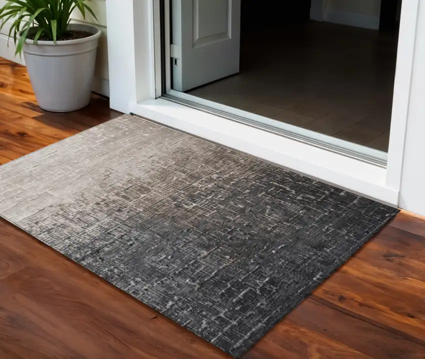 Khaki And Dark Gray Ombre Washable Indoor Outdoor Area Rug Photo 1