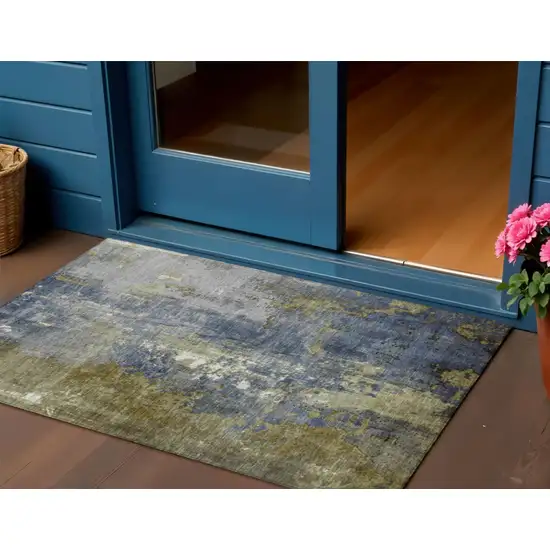 Khaki And Denim Blue Abstract Washable Indoor Outdoor Area Rug Photo 2