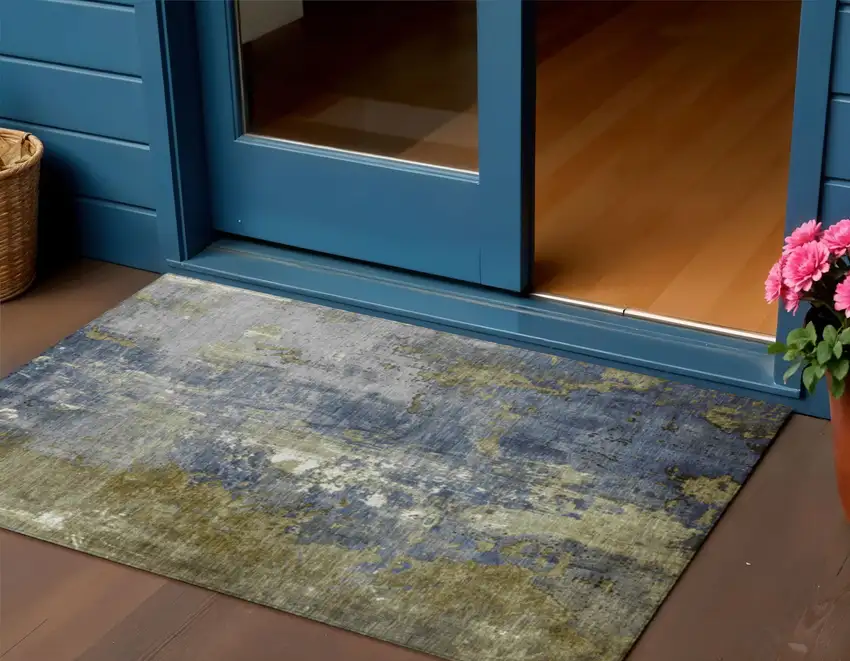 Khaki And Denim Blue Abstract Washable Indoor Outdoor Area Rug Photo 2