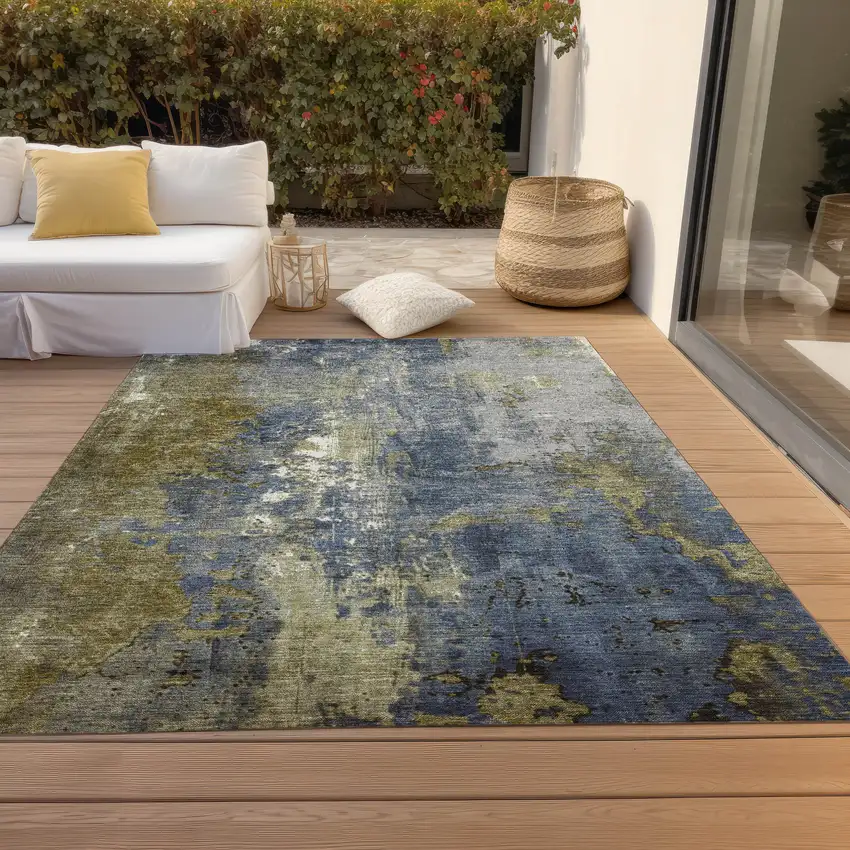 Khaki And Denim Blue Abstract Washable Indoor Outdoor Area Rug Photo 6