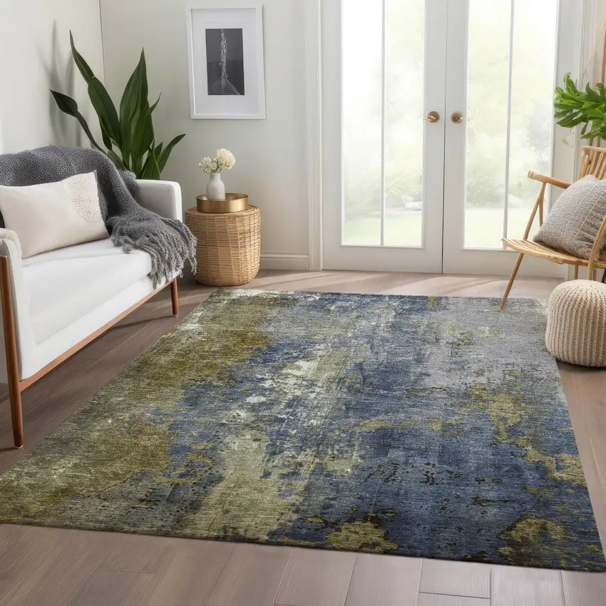 Khaki And Denim Blue Abstract Washable Indoor Outdoor Area Rug Photo 5