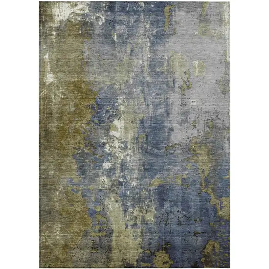 Khaki And Denim Blue Abstract Washable Indoor Outdoor Area Rug Photo 7