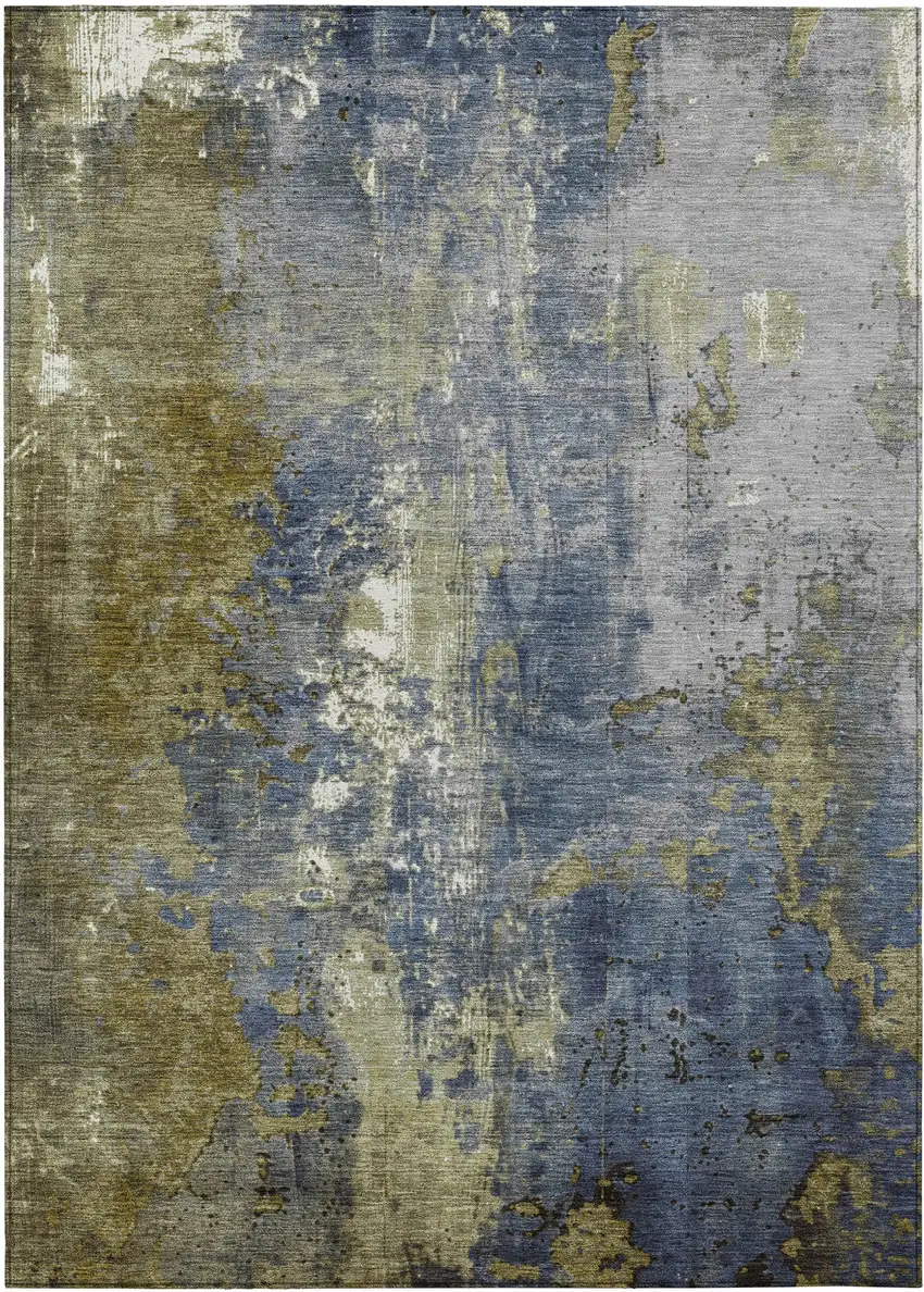 Khaki And Denim Blue Abstract Washable Indoor Outdoor Area Rug Photo 7