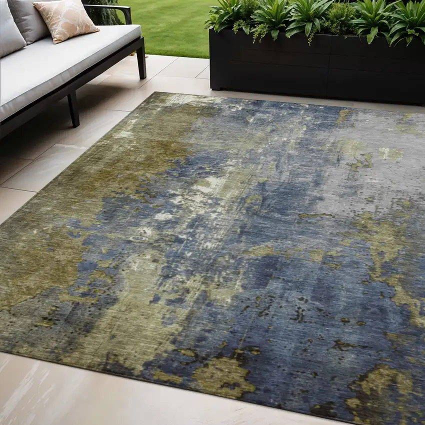 Khaki And Denim Blue Abstract Washable Indoor Outdoor Area Rug Photo 2