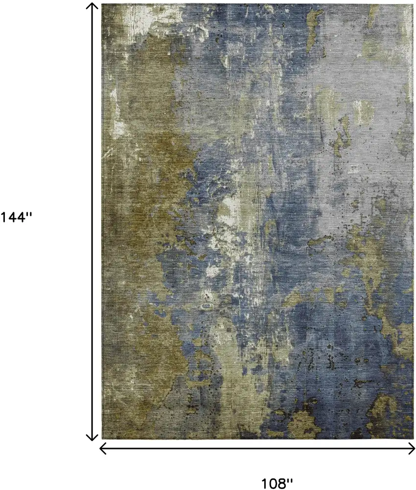 Khaki And Denim Blue Abstract Washable Indoor Outdoor Area Rug Photo 9