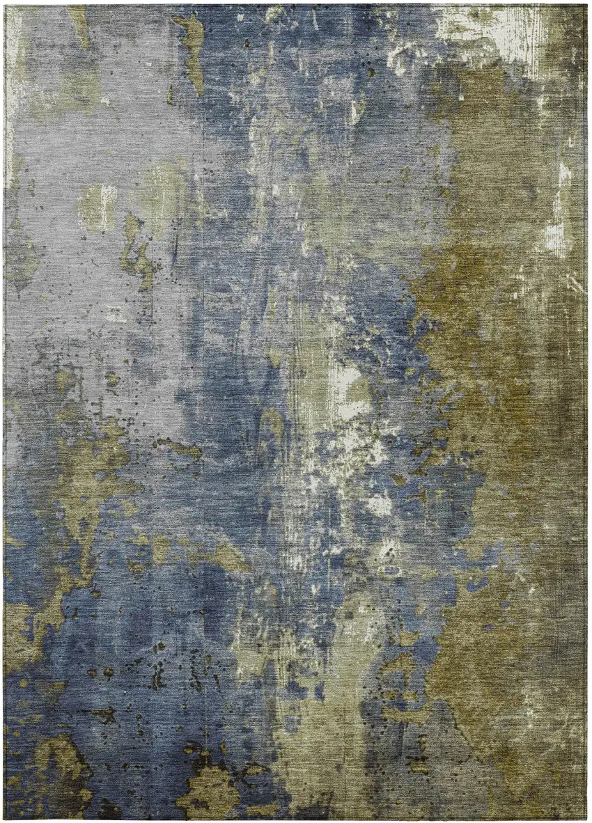 Khaki And Denim Blue Abstract Washable Indoor Outdoor Area Rug Photo 9