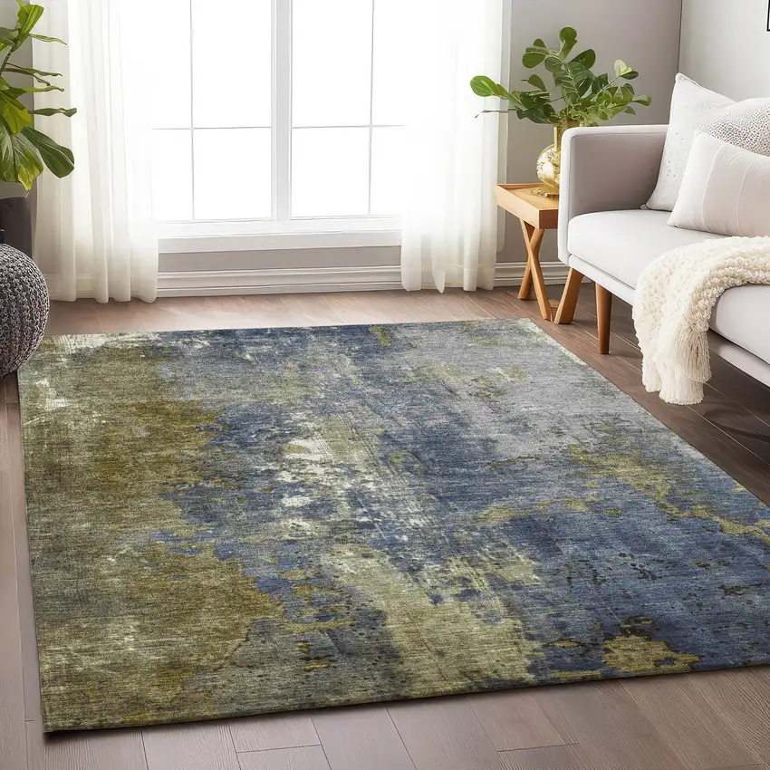 Khaki And Denim Blue Abstract Washable Indoor Outdoor Area Rug Photo 5