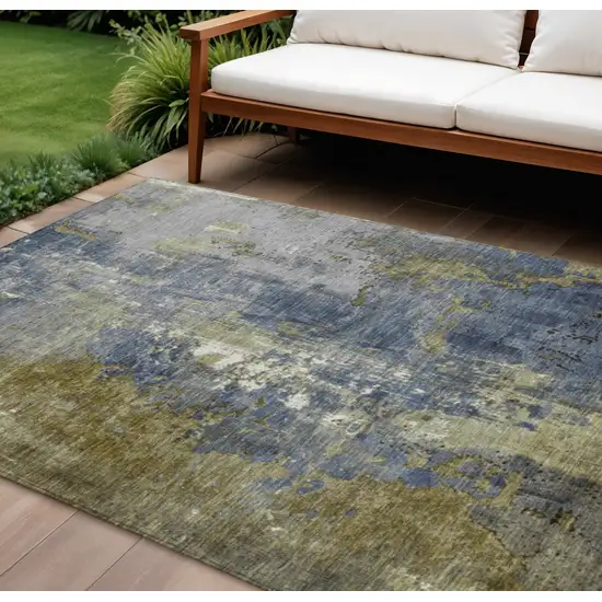 Khaki And Denim Blue Abstract Washable Indoor Outdoor Area Rug Photo 2